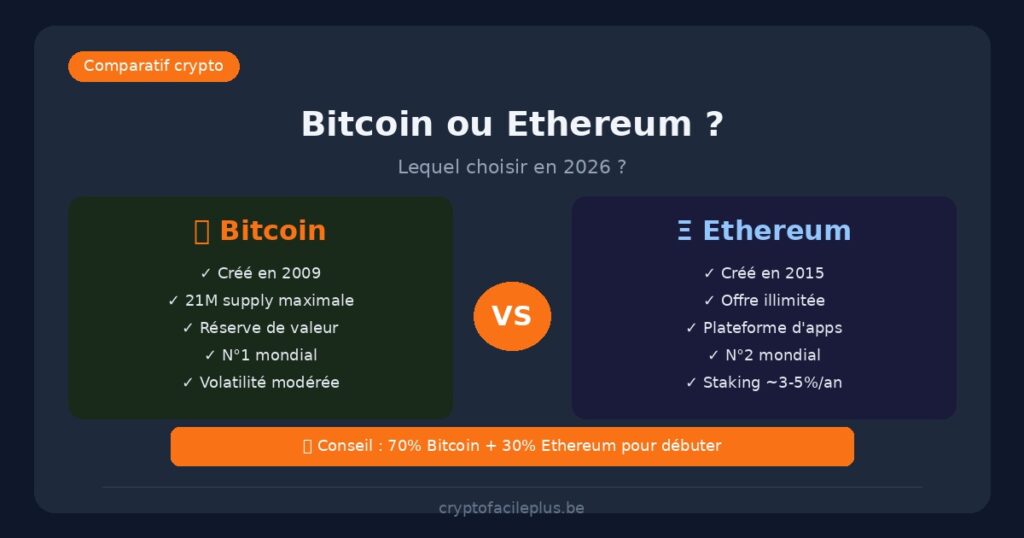 Bitcoin ou Ethereum - comparatif pour débuter en crypto en Belgique 2026