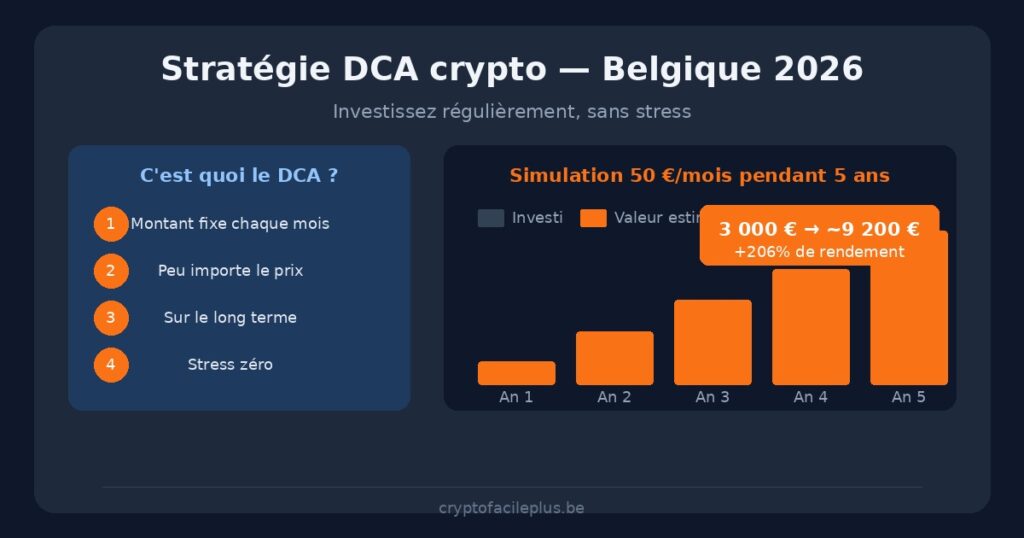 Stratégie DCA crypto Belgique 2026 - investir régulièrement en Bitcoin sans stress
