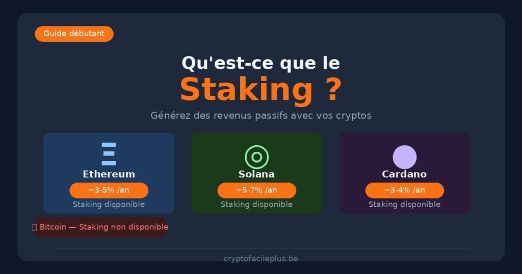 Qu'est-ce que le staking crypto - revenus passifs Ethereum Solana Cardano pour débutants belges